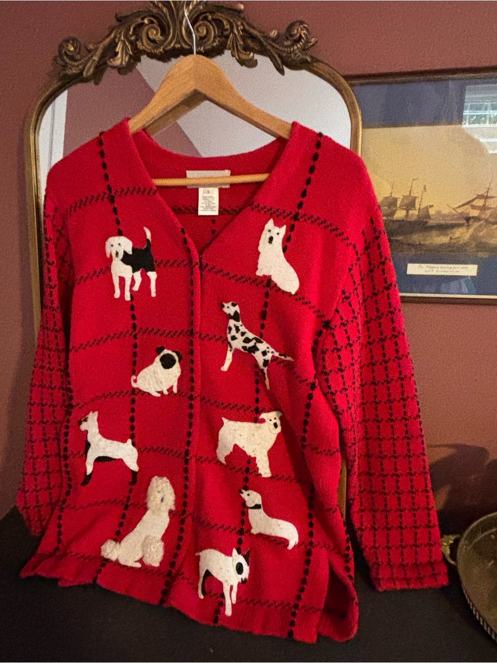 Susan Bristol Red Knit Dog Cardigan Vintage